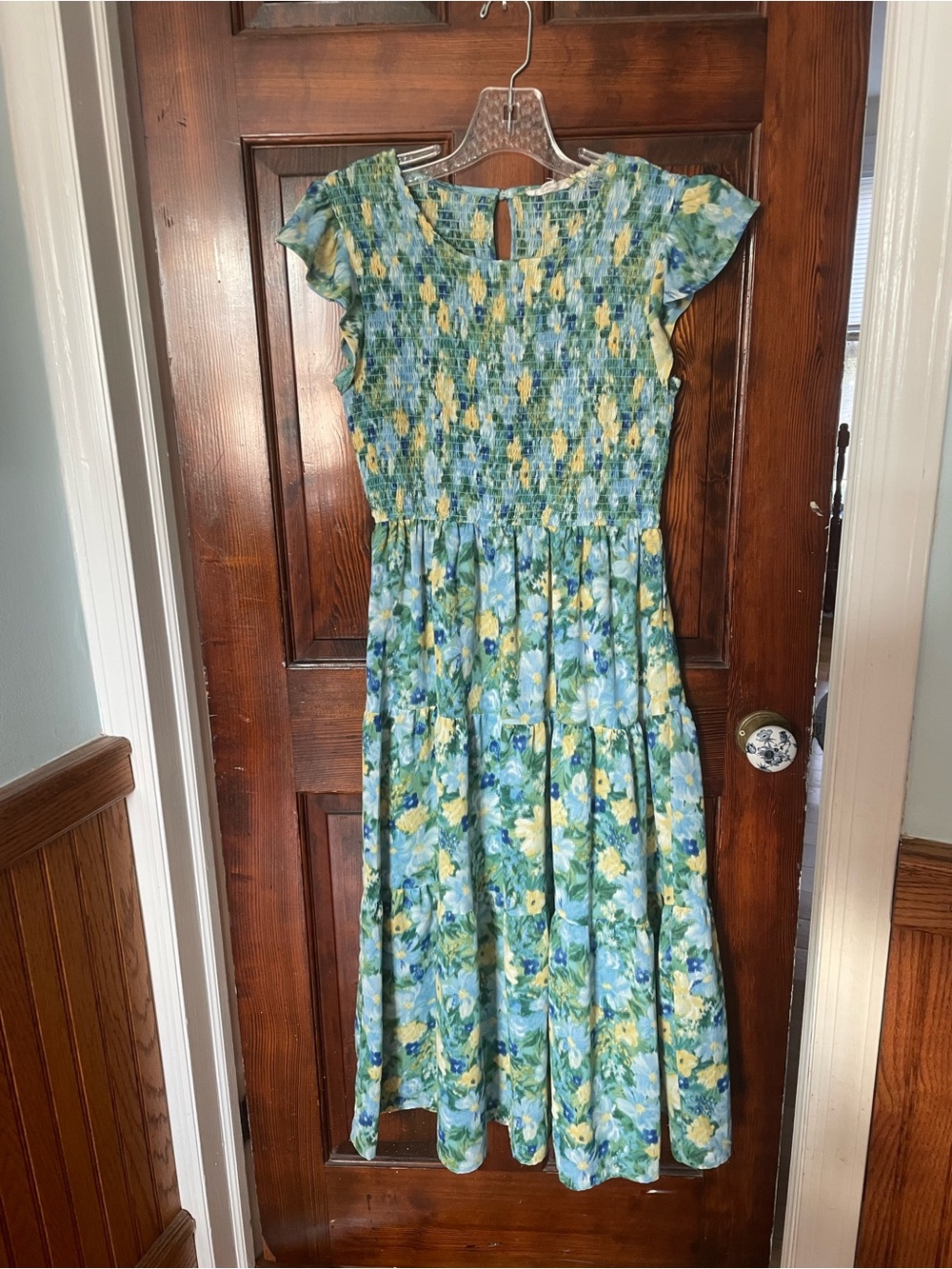 Blu Pepper Blue and Yellow Floral Maxi Dress with Smocked Bodice